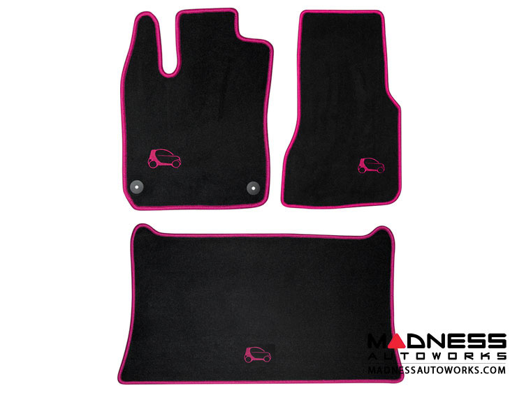 smart fortwo Custom Floor Mats + Cargo Area Mat - 453 model - LUXUS - Pink Binding w/ smart silhouette